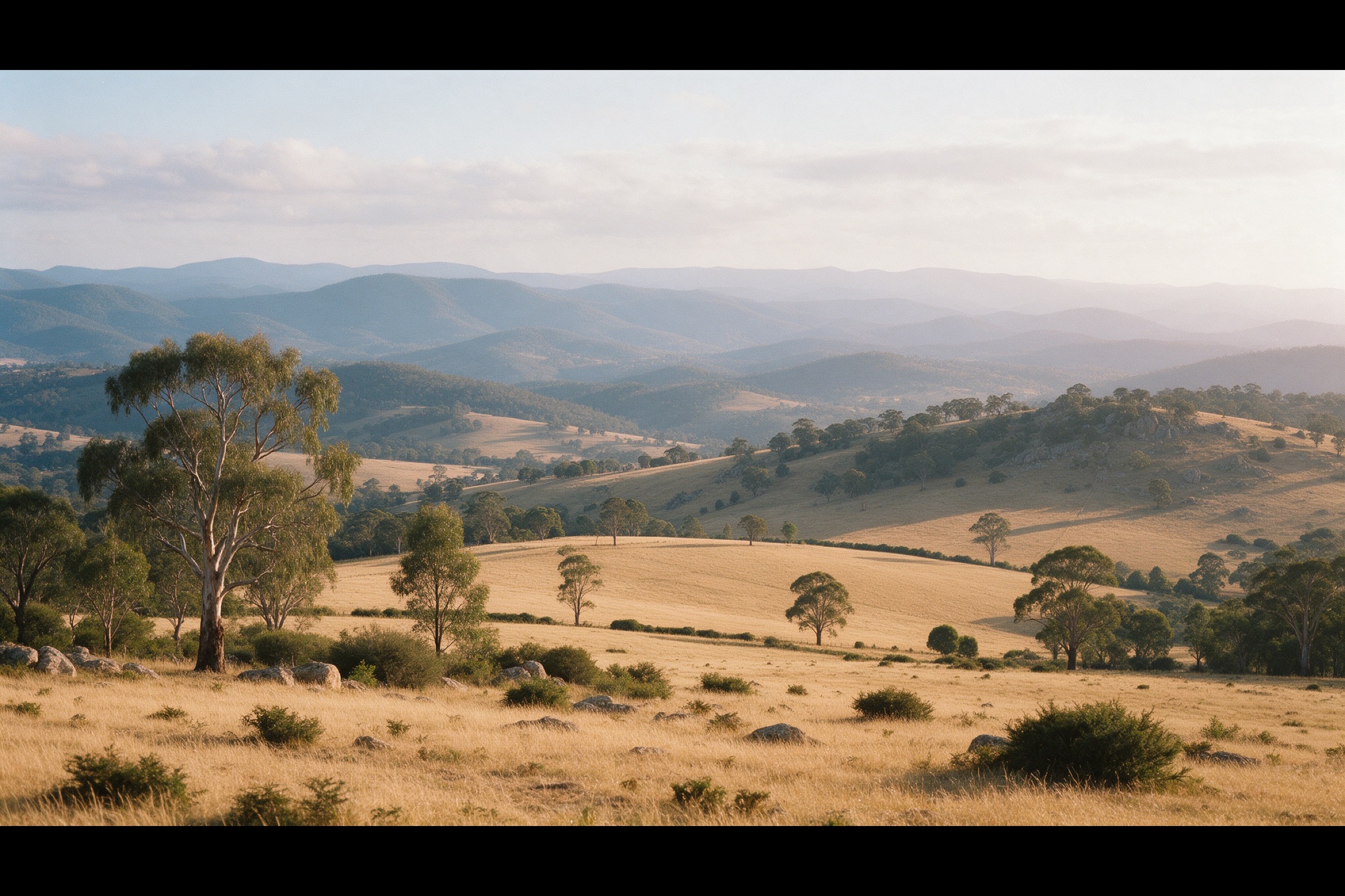 Layered ridgelines of the Macedon Ranges at sundown, gold paddocks near and blue hills beyond