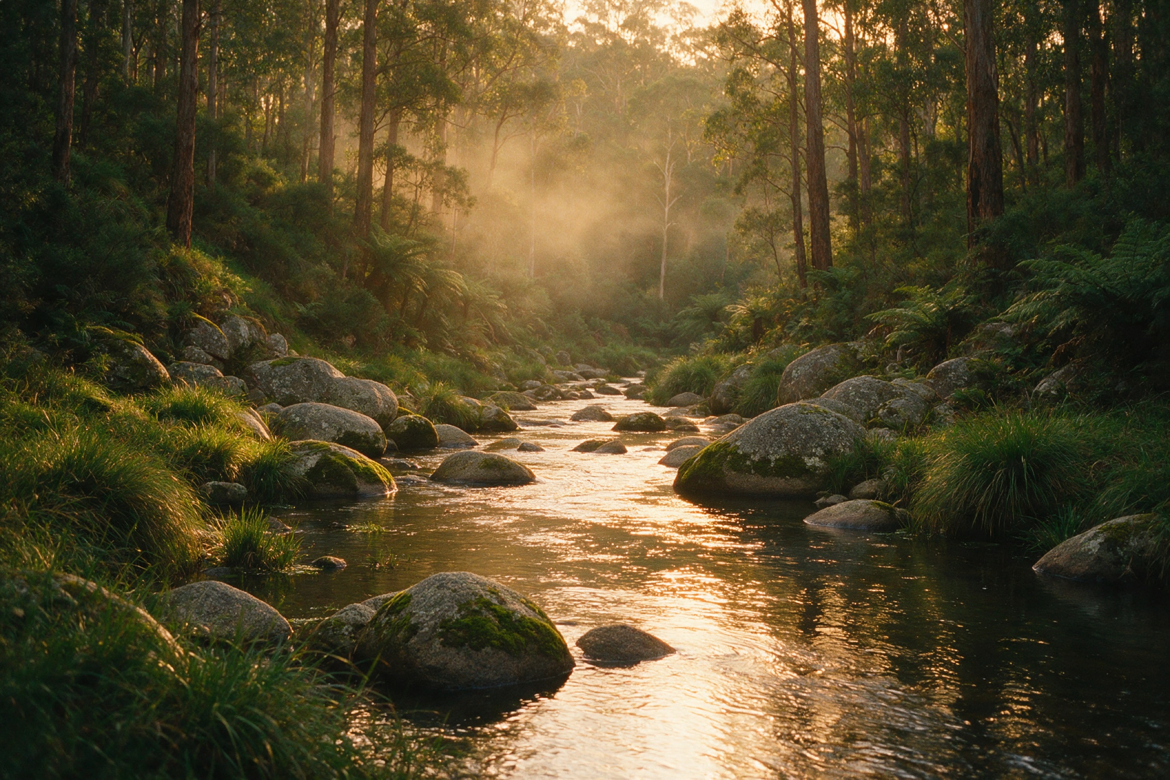A river running over granite through a wooded gully at last light