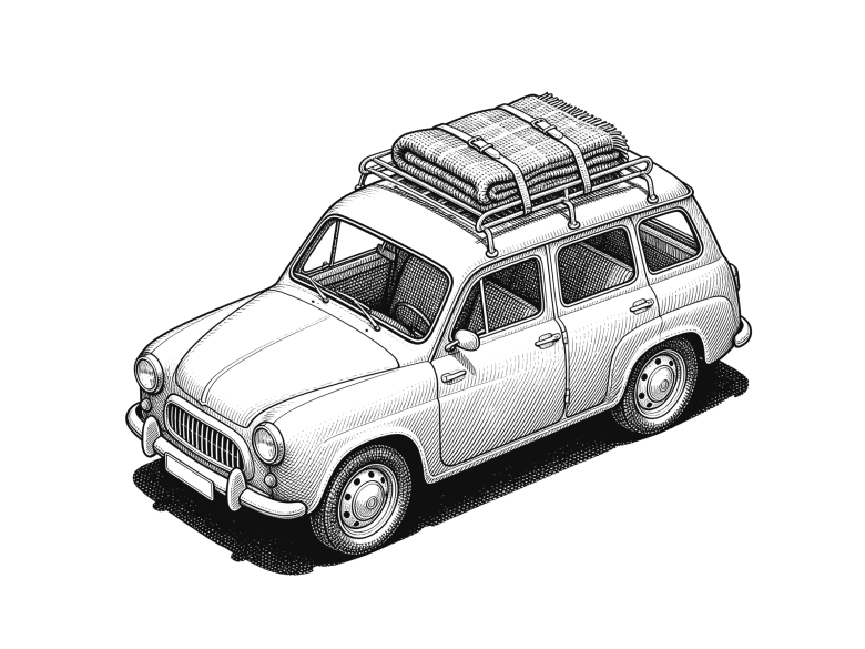 Line drawing of a small estate car in three quarter view with a rolled rug strapped to its roof rack