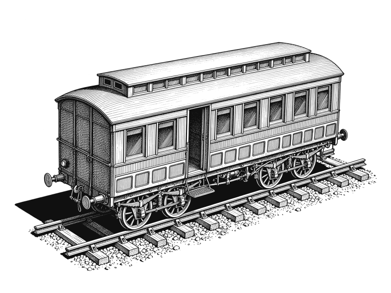 Line drawing of a single railway carriage standing on a short length of track with one door slid open