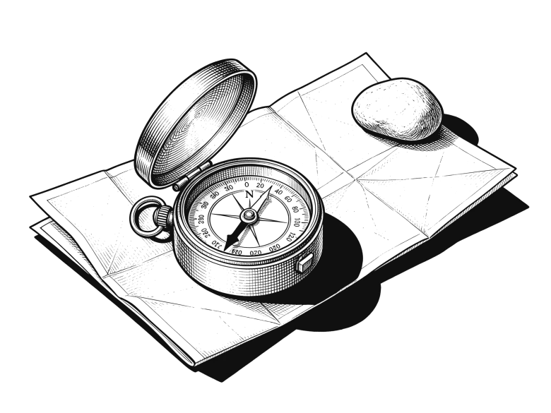 Line drawing of an open brass pocket compass lying on a folded map with a smooth stone holding one corner