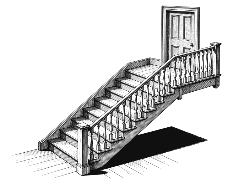 Line drawing of a wooden staircase with a half landing rising to a closed panelled door