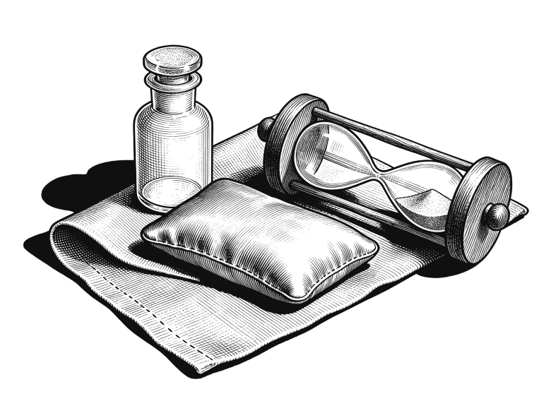 Line drawing of a silk eye pillow on a folded sheet with a stoppered bottle behind it and a wooden sand timer lying on its side